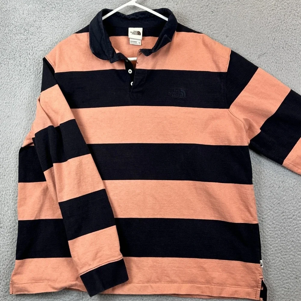 The North Face Rugby Shirt Mens 2XL Navy Pink Striped Polo Long Sleeve Casual